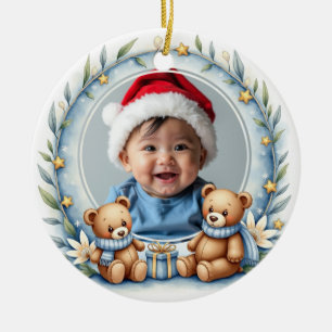 1e Kerstmis 2-zijdig, Beer Knuffels & Kerstballen Keramisch Ornament