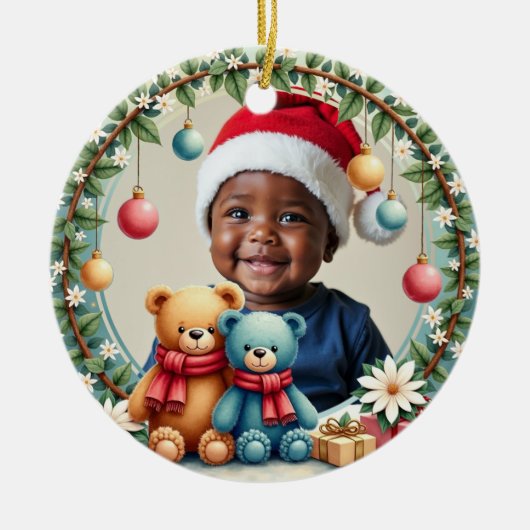 1e kerstmis 2-zijdig, Teddy Tidings Keramisch Ornament (Voorkant)