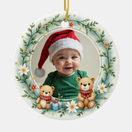 1e Kerstmis 2-zijdige Beer Knuffels & Hulst Keramisch Ornament