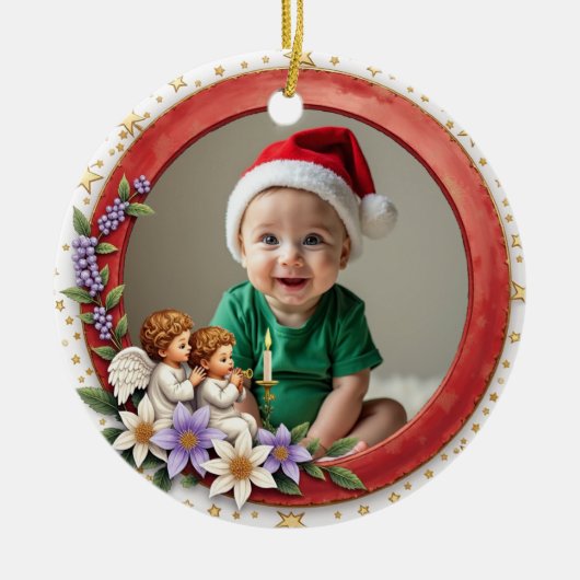 1e kerstmis 2-zijdige Cherub Joy Keramisch Ornament (Voorkant)