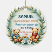 1e Kerstmis 2-zijdige Teddy Tidings Keramisch Ornament (Achterkant)