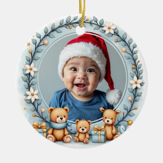 1e Kerstmis 2-zijdige Teddy Tidings Keramisch Ornament (Voorkant)