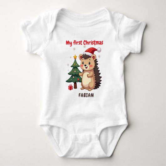 🎄1e Kerstmis, aangepaste tekst, Kerstfeestje Egel Romper (Voorkant)