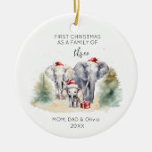 1e Kerstmis als Familie van 3 Waterverf Olifant Keramisch Ornament (Voorkant)