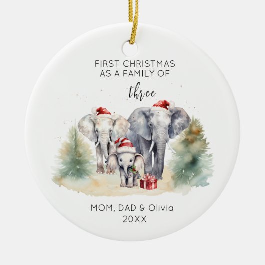 1e Kerstmis als Familie van 3 Waterverf Olifant Keramisch Ornament (Voorkant)