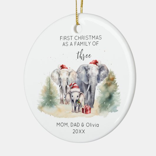 1e Kerstmis als Familie van 3 Waterverf Olifant Keramisch Ornament (Links)
