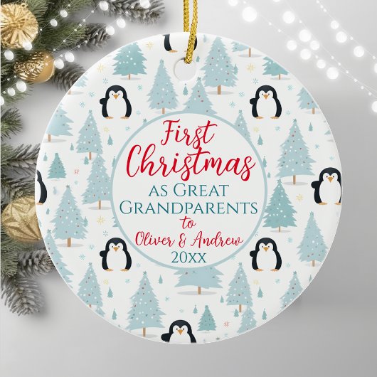 1e Kerstmis Als Grote Grootouders Pinguïn Blauw Keramisch Ornament