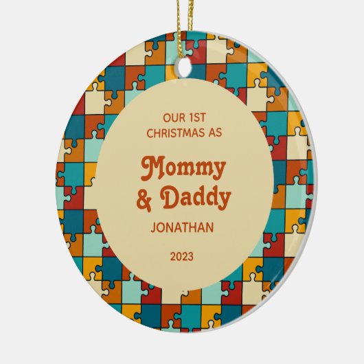 1e Kerstmis als Mam & Pap  Puzzel Foto Keramisch Ornament (Links)