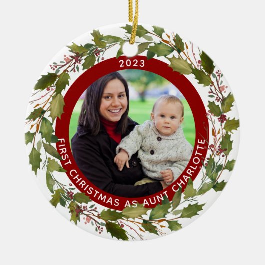 1e Kerstmis als tante 2 Foto Holly Wreath Elegant Keramisch Ornament (Voorkant)