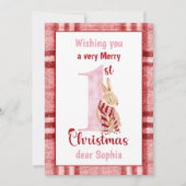 1e Kerstmis Baby Meisje Schattige Bunny Plaid Feestdagenkaart (Voorkant)