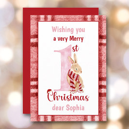 1e Kerstmis Baby Meisje Schattige Bunny Plaid Feestdagenkaart