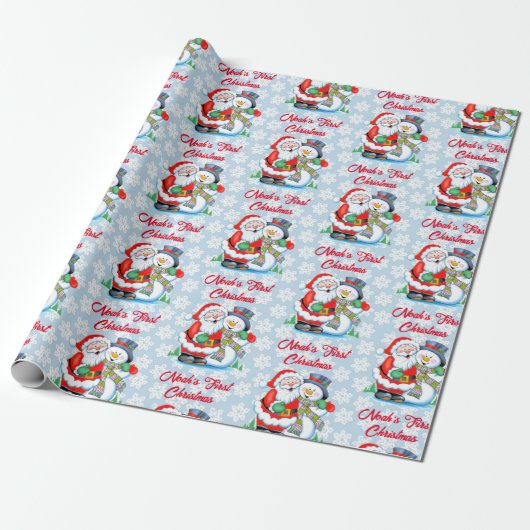 1e Kerstmis Baby's personaliseren Naam Kerstman Cadeaupapier (Uitgerold)