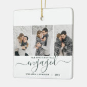 1e Kerstmis Betrokken 3 Foto Groen Script Keramisch Ornament (Links)