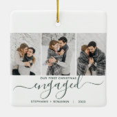 1e Kerstmis Betrokken 3 Foto Groen Script Keramisch Ornament (Achterkant)