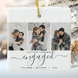 1e Kerstmis Betrokken 3 Foto Groen Script Keramisch Ornament<br><div class="desc">Herdenk je verloving met dit prachtige, moderne ornament. De donkergroene tekst luidt "Onze eerste Kerstmis bezig, " met het woord "bezig" in elegant handschrift met bloemen voor en na. Vervang de drie voorbeeldfoto's door uw favoriete verticale afbeeldingen en voeg uw namen en het jaartal toe in donkergroene tekst op een...</div>