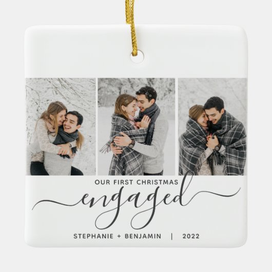 1e Kerstmis Betrokken 3 Fotocollage Grijs Script Keramisch Ornament (Voorkant)