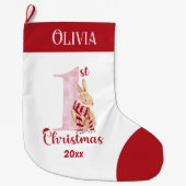 1e Kerstmis Bunny Baby Meisje Rood Roze Naam Grote Kerstsok (Voorkant)