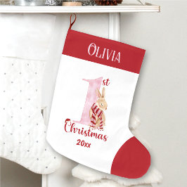 1e Kerstmis Bunny Baby Meisje Rood Roze Naam Grote Kerstsok