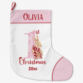 1e Kerstmis Bunny Baby Meisje Roze Naam Grote Kerstsok (Voorkant)