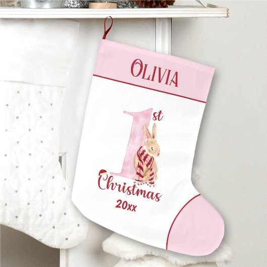 1e Kerstmis Bunny Baby Meisje Roze Naam Grote Kerstsok