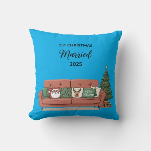 1e Kerstmis Getrouwd 2025 | Cute Cozy Couch Nieuwg Kussen (Voorkant)