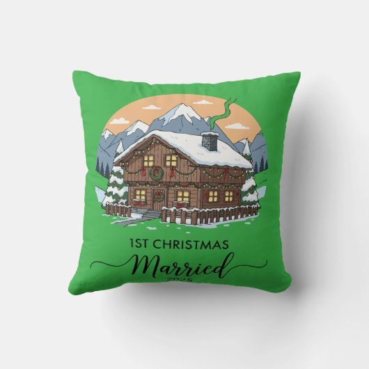 1e Kerstmis Getrouwd 2025 Rustieke Houten Hut Orna Kussen (Achterkant)