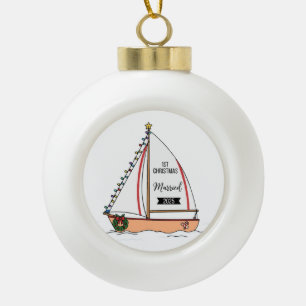 1e Kerstmis Getrouwd 2025   Schattig Maritiem Keramische Bal Ornament