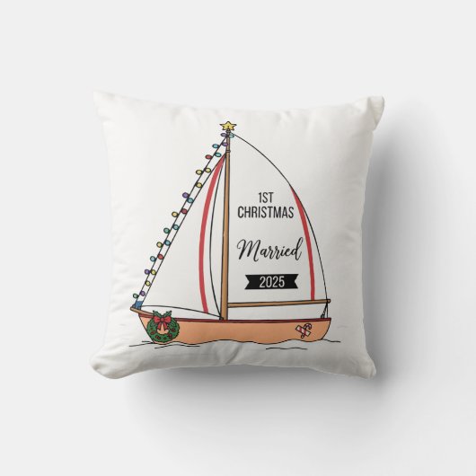 1e Kerstmis Getrouwd 2025 | Schattig Maritiem Kussen (Voorkant)
