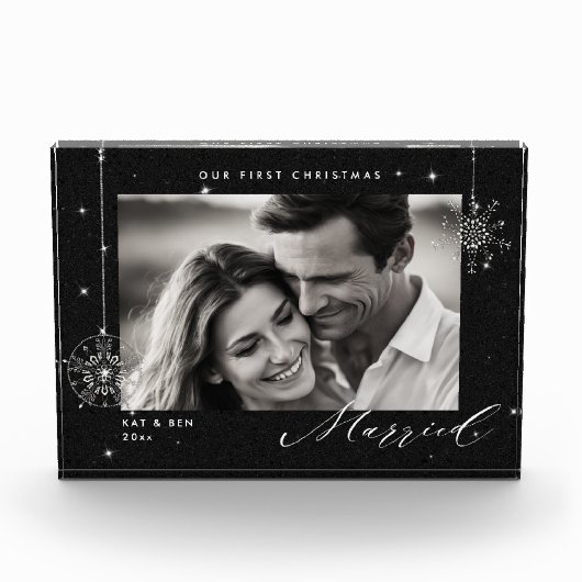 1e Kerstmis Getrouwd Black Sparkles Modern Gift Fotoblokken (Voorkant)