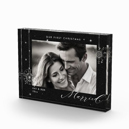 1e Kerstmis Getrouwd Black Sparkles Modern Gift Fotoblokken (Rechts)