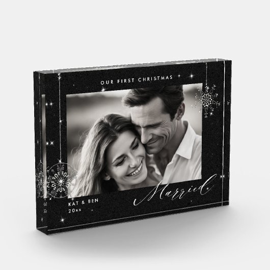 1e Kerstmis Getrouwd Black Sparkles Modern Gift Fotoblokken (Links)