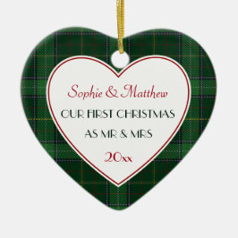 1e Kerstmis Getrouwd Green Plaid Gift Hart Keramisch Ornament