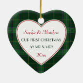 1e Kerstmis Getrouwd Green Plaid Gift Hart Keramisch Ornament (Achterkant)