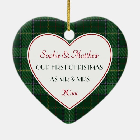 1e Kerstmis Getrouwd Green Plaid Gift Hart Keramisch Ornament (Achterkant)