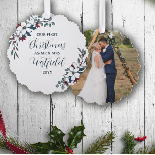 1e kerstmis getrouwd Mooie bloemen Ornament Kaart