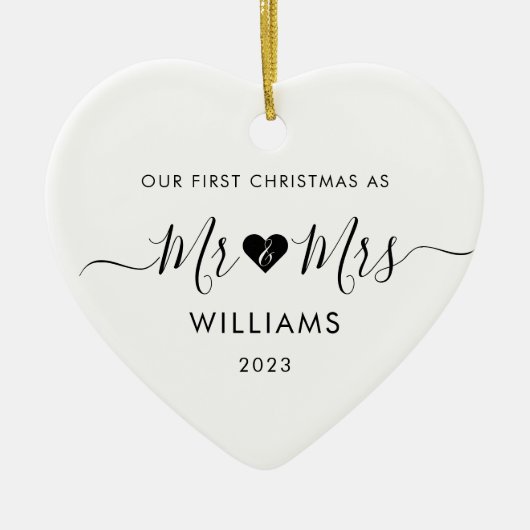 1e Kerstmis Getrouwd Mr. Mrs. Simple Heart Foto Keramisch Ornament (Voorkant)