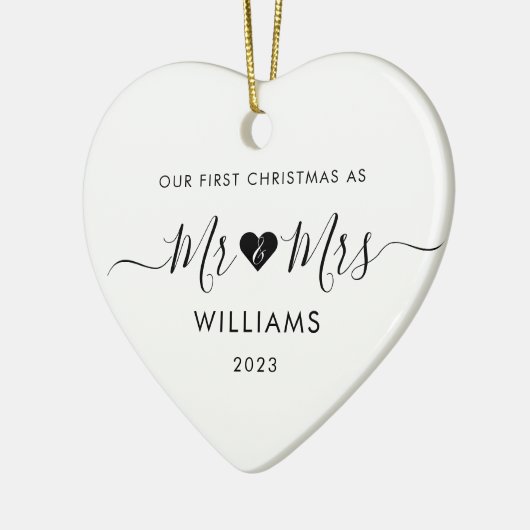 1e Kerstmis Getrouwd Mr. Mrs. Simple Heart Foto Keramisch Ornament (Links)