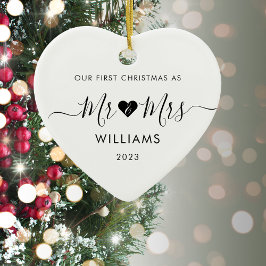 1e Kerstmis Getrouwd Mr. Mrs. Simple Heart Foto Keramisch Ornament