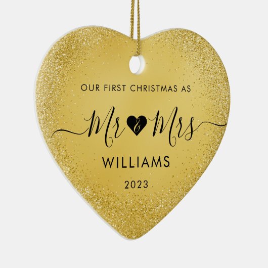 1e Kerstmis Getrouwd Mr. Mrs. Simple Heart Foto Keramisch Ornament (Rechts)