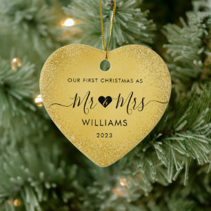 1e Kerstmis Getrouwd Mr. Mrs. Simple Heart Foto Keramisch Ornament