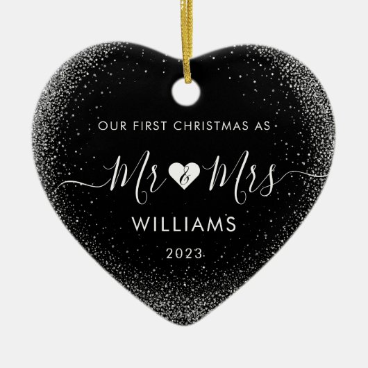 1e Kerstmis Getrouwd Mr. Mrs. Simple Heart Foto Keramisch Ornament (Voorkant)