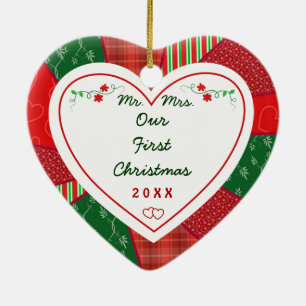 1e Kerstmis Getrouwd Paar Quilt Patroon Gift Keramisch Ornament