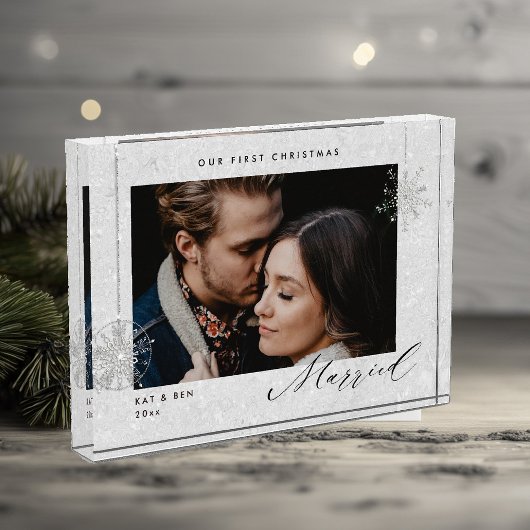 1e Kerstmis Getrouwd Witte Sparkles Modern Gift Fotoblokken