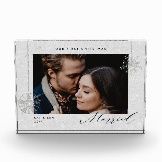 1e Kerstmis Getrouwd Witte Sparkles Modern Gift Fotoblokken (Voorkant)