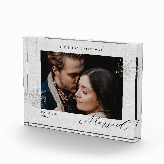 1e Kerstmis Getrouwd Witte Sparkles Modern Gift Fotoblokken (Rechts)