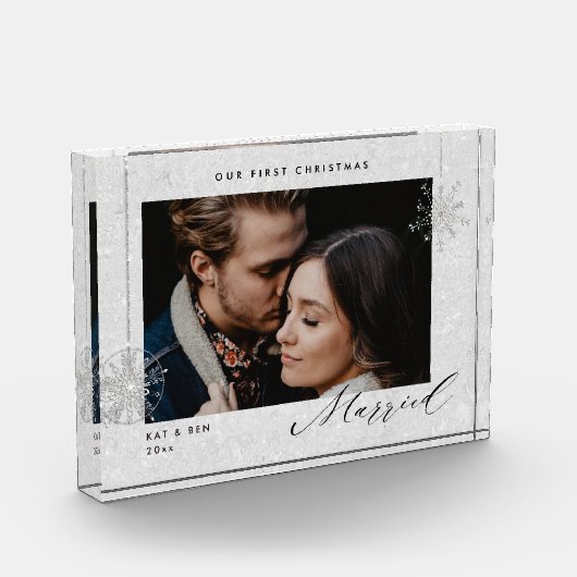 1e Kerstmis Getrouwd Witte Sparkles Modern Gift Fotoblokken (Links)