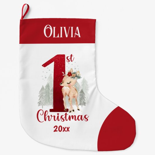 1e Kerstmis Herten Baby Meisje Rode Naam Grote Kerstsok (Voorkant)