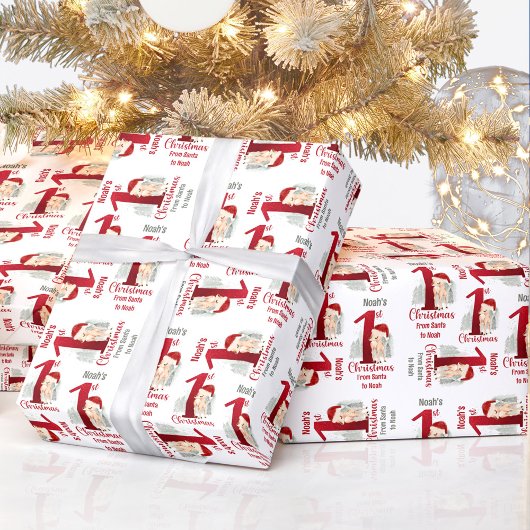 1e Kerstmis Herten Naam Santa Hoed Rood Nummer Een Cadeaupapier