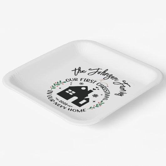 1e Kerstmis in Nieuw Huis Gepersonaliseerde Kerstm Papieren Bordje (Gebogen)