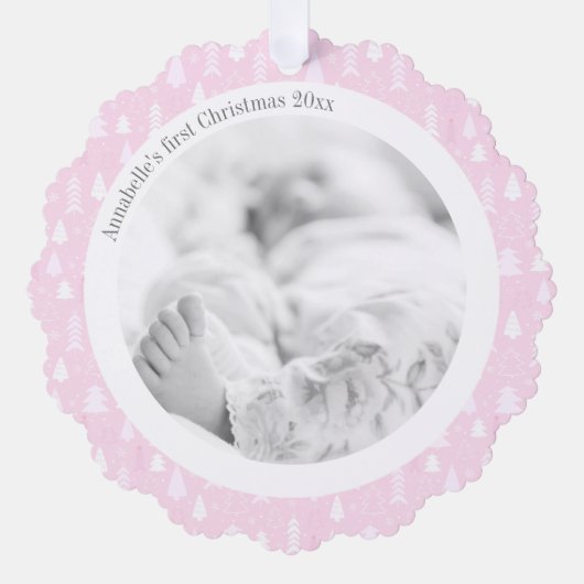 1e Kerstmis Meisje Roze Fotopapier Ornament Kaart (Voorkant)